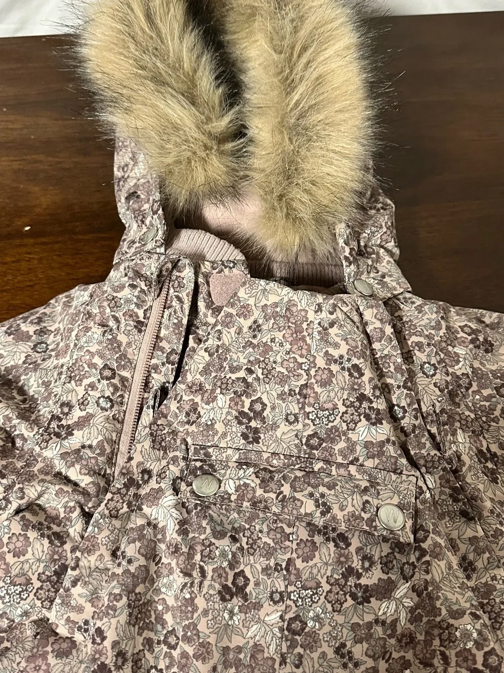 Pink Floral Kids Puff Jacket with Faux-Fur Hood